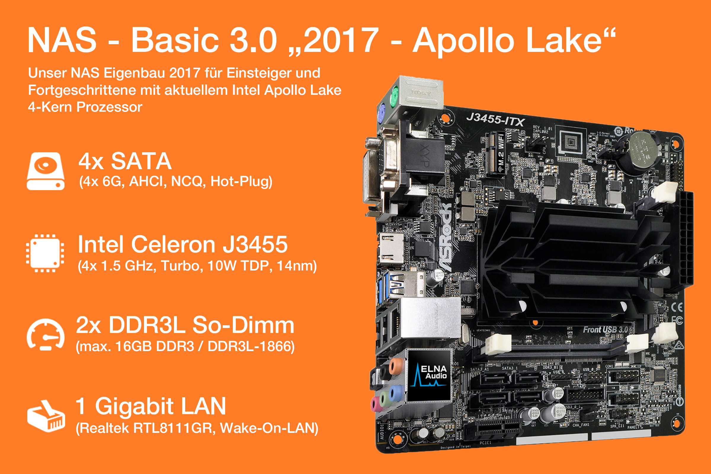 NAS Basic 3.0 mit passiv gekühltem Apollo Lake 4-Kern Prozessor NAS Basic 3.0 mit passiv gekühltem Apollo Lake 4-Kern Prozessor