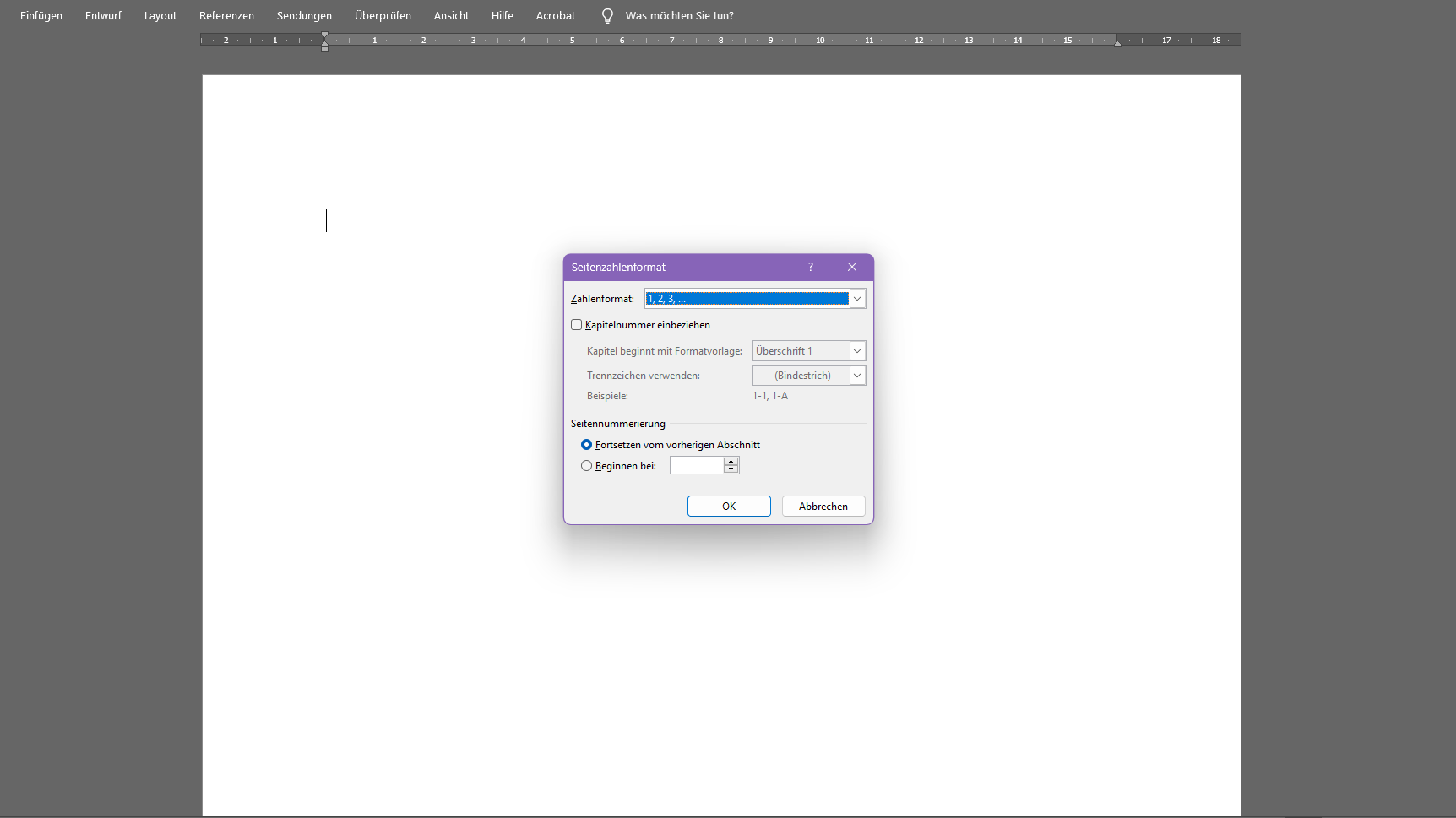 Screenshot Seitenzahl in Word formatieren