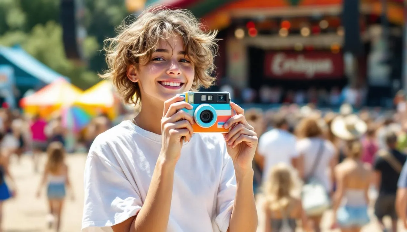 bunte Einwegkamera, die ideal für Aufnahmen bei einem Sommerfestival ist. Die Kamera, möglicherweise ein Modell von Agfaphoto, strahlt Freude und den Spaßfaktor des Festivals aus, während das Sonnenlicht auf die bunten Farben reflektiert.