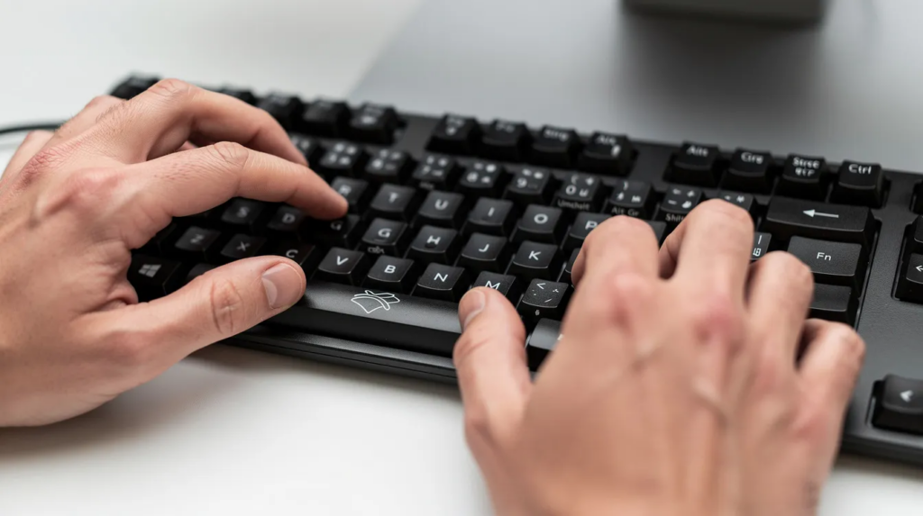 Windows Shortcut Keys: Die wichtigsten Tastenkombinationen für deinen Alltag 1 Die Nahaufnahme zeigt Hände, die auf einer modernen PC-Tastatur liegen, wobei die Modifier-Tasten wie die Windows-Taste und die Alt-Taste deutlich sichtbar sind. Diese Tasten sind entscheidend für die Verwendung von Tastenkombinationen, um schnell zwischen Fenstern zu wechseln oder durch den Shortcut das Startmenü zu öffnen.
