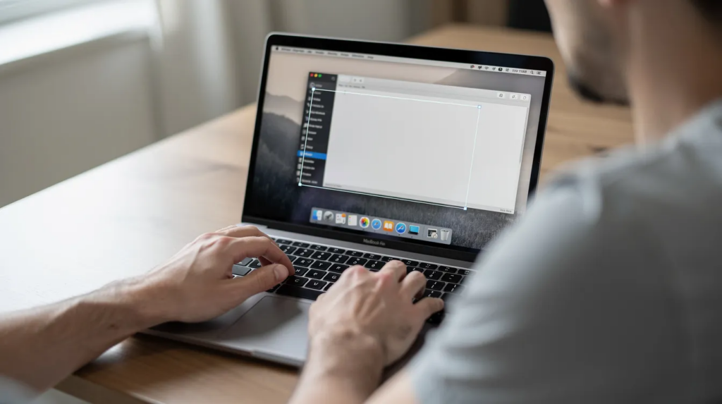 Windows Shortcut Keys: Die wichtigsten Tastenkombinationen für deinen Alltag 3 Eine Person sitzt vor einem Laptop und erstellt einen Screenshot, während der Bildschirm eine Auswahl-Markierung zeigt. Die markierte Fläche deutet darauf hin, dass sie gerade eine bestimmte Information oder ein Bild aus dem aktiven Fenster festhalten möchte.