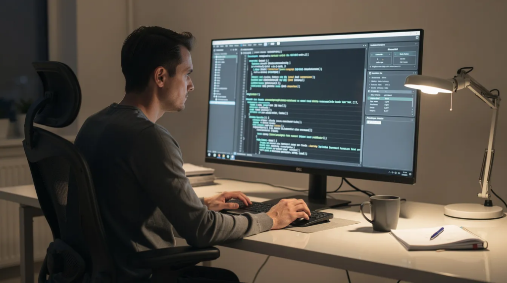 Windows Shortcut Keys: Die wichtigsten Tastenkombinationen für deinen Alltag 4 Eine Person sitzt konzentriert vor einem Computerbildschirm und löst ein Systemproblem, während sie die Tastatur benutzt. Ihr Gesichtsausdruck zeigt Entschlossenheit, während sie möglicherweise mit Tastenkombinationen arbeitet.